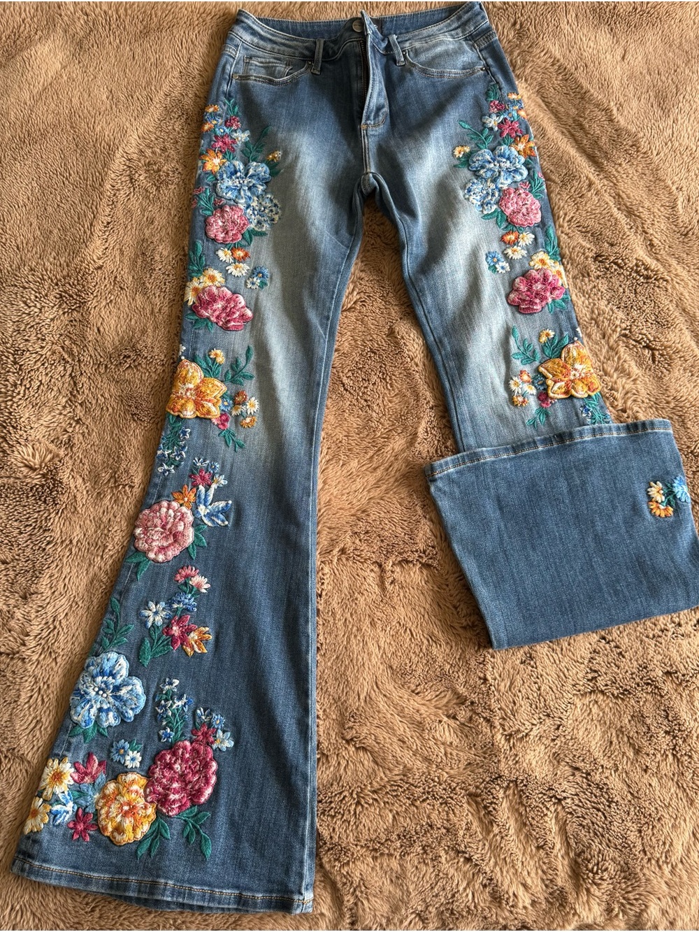 DRIFTWOOD Blue Flare Jeans with Multicolor Floral Embroidery